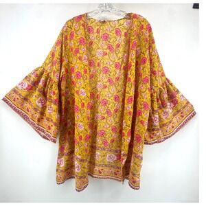 Umgee Mustard Yellow Floral Boho Kimono Bell Sleeve Wrap Cardigan M/L Retro